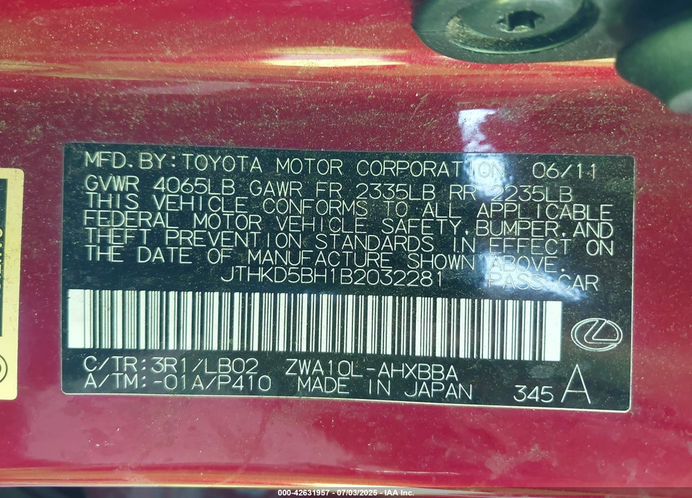 2011 LEXUS CT200H VIN: JTHKD5BH1B2032281