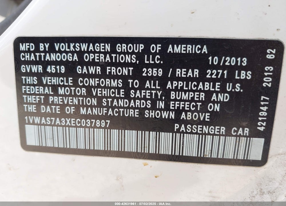 2014 VOLKSWAGEN PASSAT VIN: 1VWAS7A3XEC037897