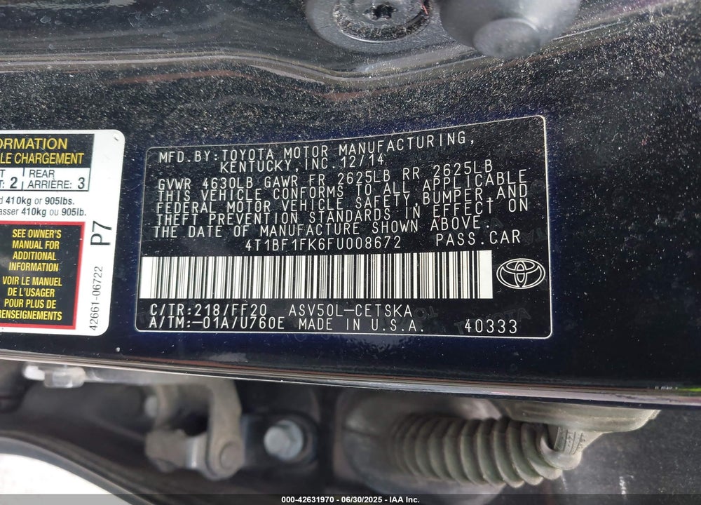 2015 TOYOTA CAMRY VIN: 4T1BF1FK6FU008672