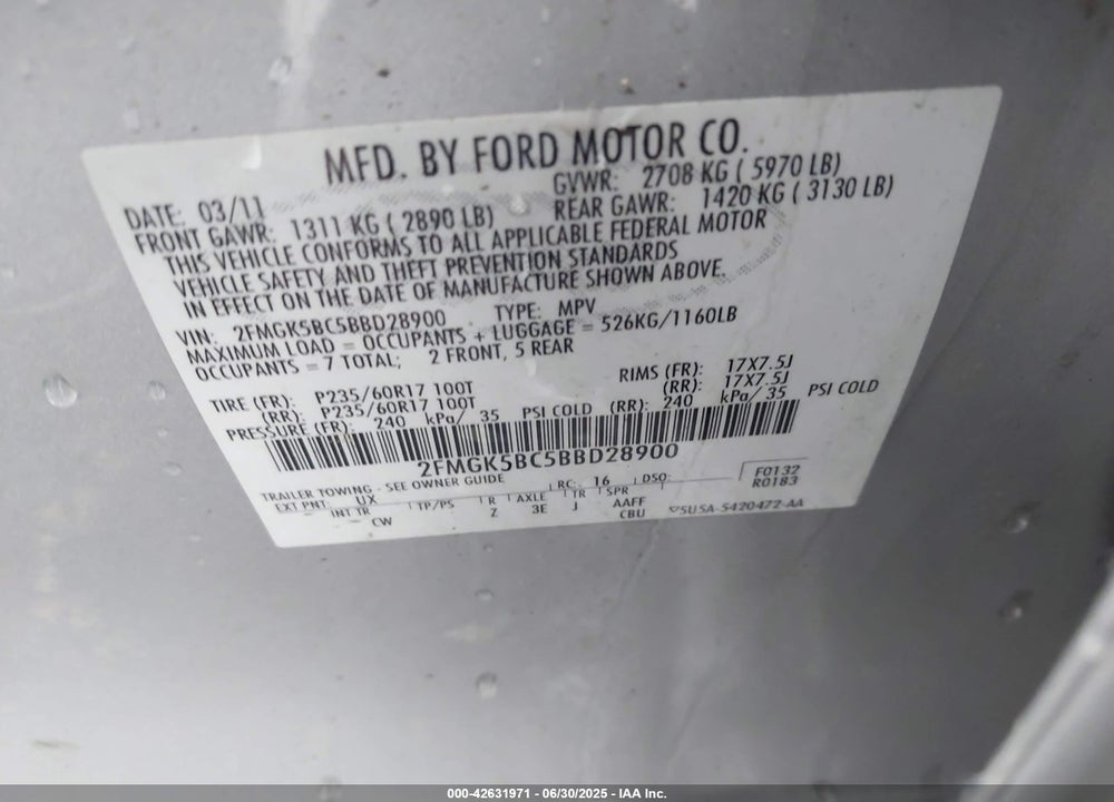 2011 FORD FLEX VIN: 2FMGK5BC5BBD28900