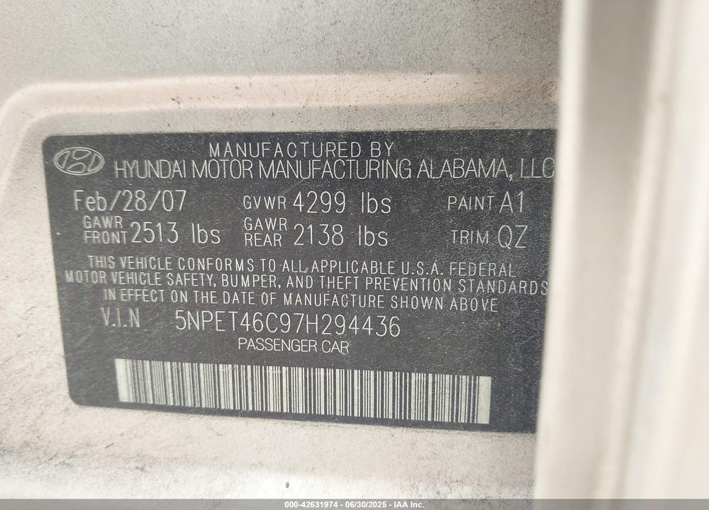2007 HYUNDAI SONATA VIN: 5NPET46C97H294436