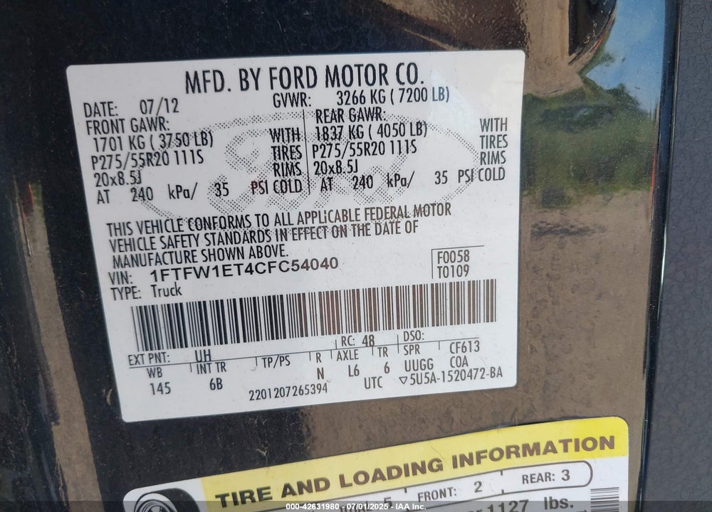 2012 FORD F150 VIN: 1FTFW1ET4CFC54040