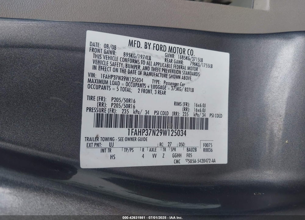 2009 FORD FOCUS VIN: 1FAHP37N29W125034