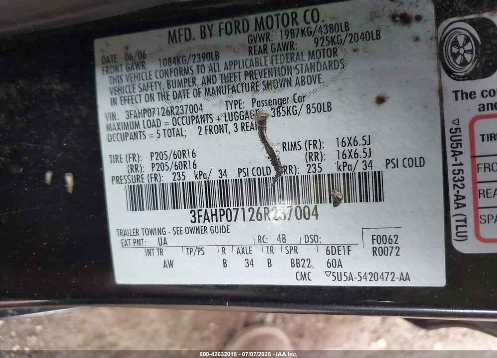 2006 FORD FUSION VIN: 3FAHP07126R237004
