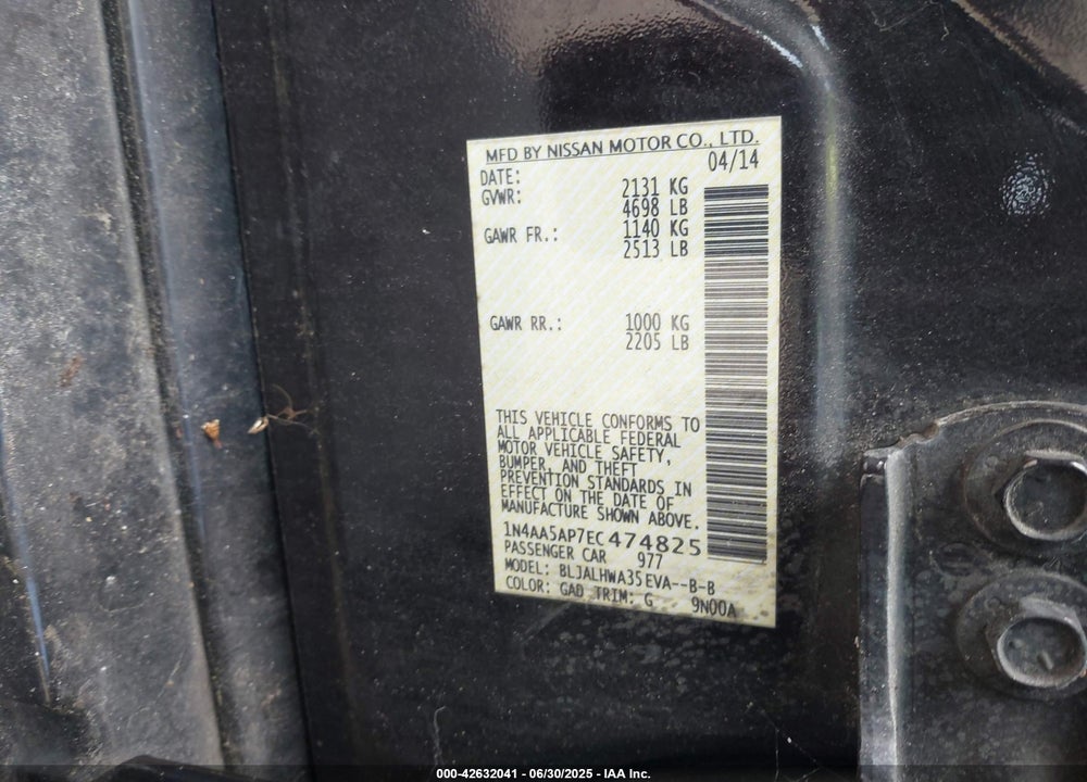 2014 NISSAN MAXIMA VIN: 1N4AA5AP7EC474825
