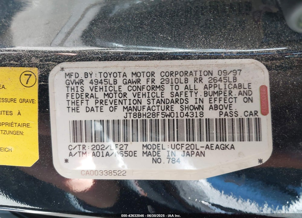 1998 LEXUS LS 400 VIN: JT8BH28F5W0104318