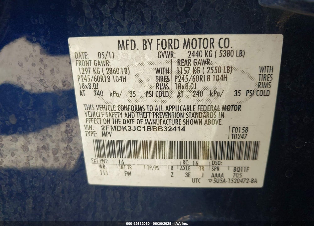 2011 FORD EDGE VIN: 2FMDK3JC1BBB32414