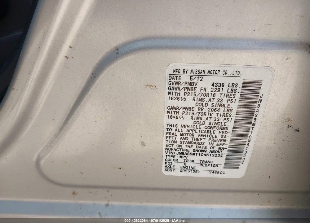 2012 NISSAN ROGUE VIN: JN8AS5MT1CW613234