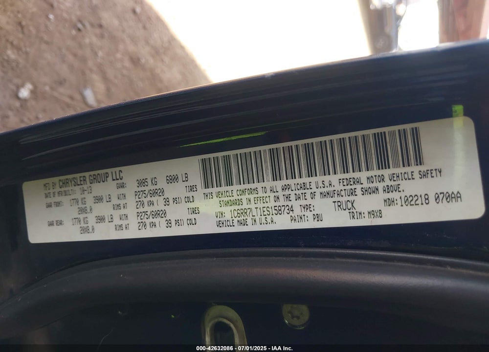 2014 RAM 1500 VIN: 1C6RR7LT1ES158734