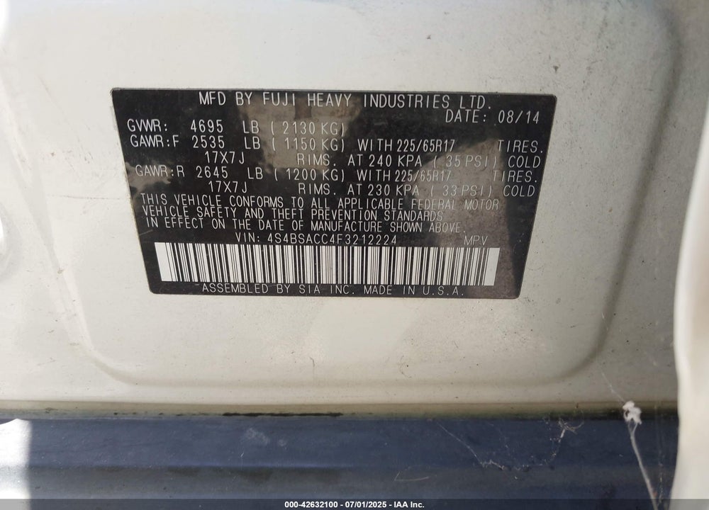 2015 SUBARU OUTBACK VIN: 4S4BSACC4F3212224