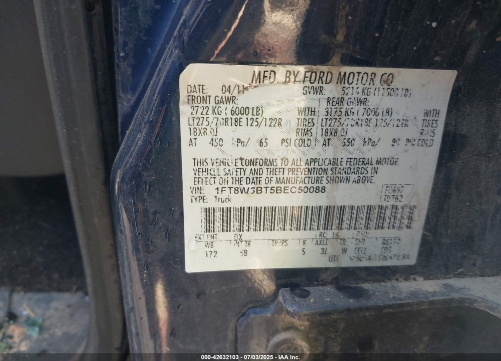 2011 FORD F-350 LARIAT VIN: 1FT8W3BT5BEC50088