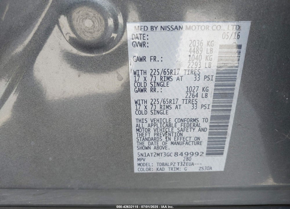 2016 NISSAN ROGUE S VIN: 5N1AT2MT3GC849992