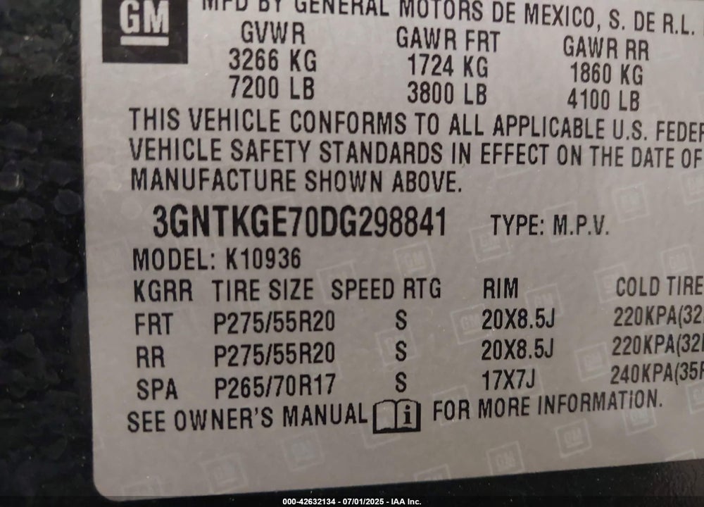 2013 CHEVROLET AVALANCHE VIN: 3GNTKGE70DG298841