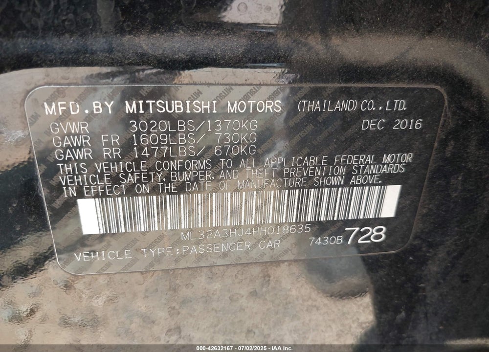 2017 MITSUBISHI MIRAGE VIN: ML32A3HJ4HH018635