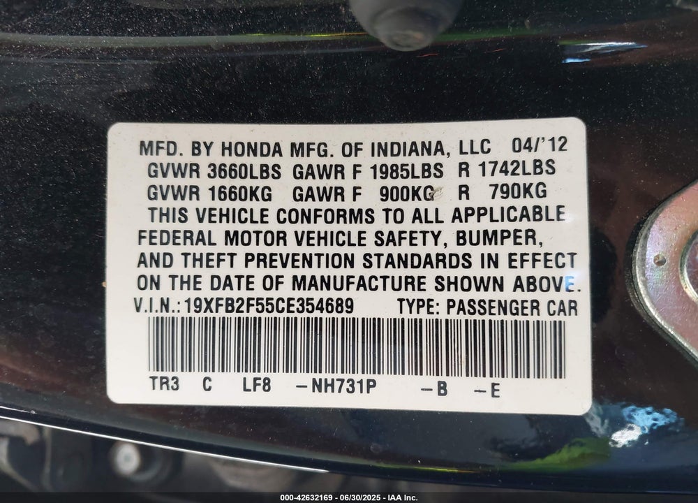 2012 HONDA CIVIC VIN: 19XFB2F55CE354689