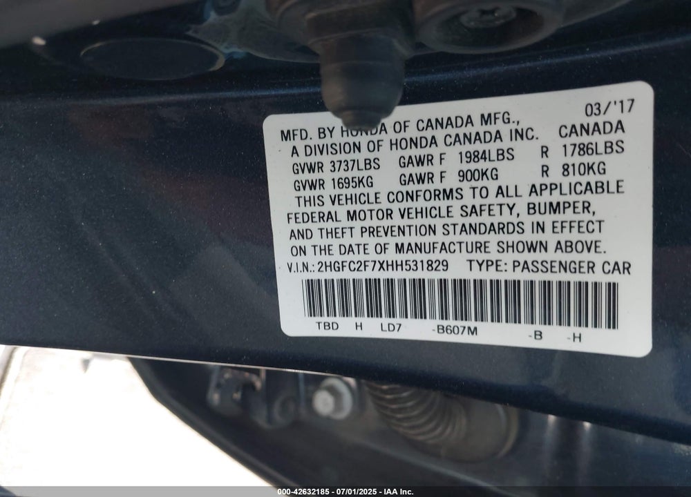 2017 HONDA CIVIC VIN: 2HGFC2F7XHH531829