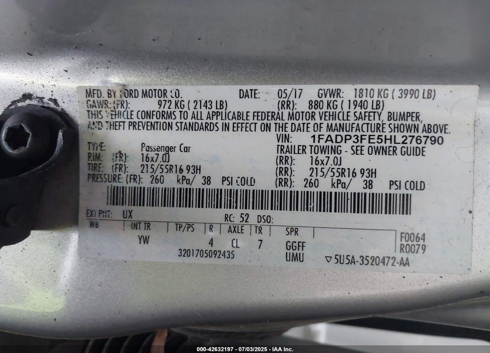2017 FORD FOCUS VIN: 1FADP3FE5HL276790