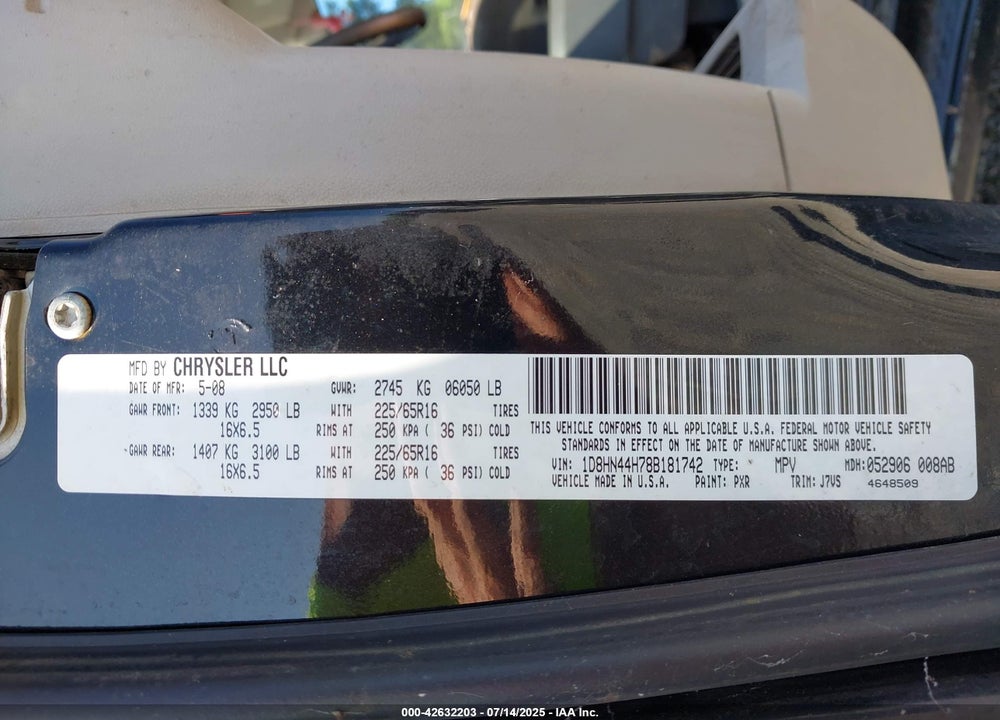 2008 DODGE GRAND CARAVAN SE VIN: 1D8HN44H78B181742