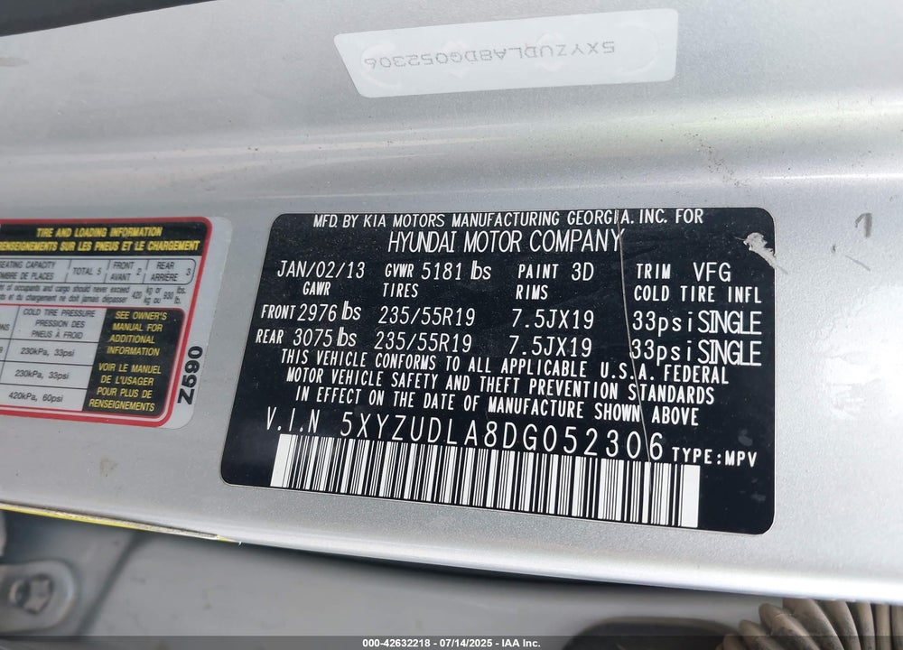 2013 HYUNDAI SANTA FE VIN: 5XYZUDLA8DG052306