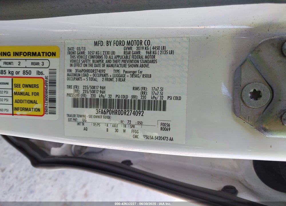 2013 FORD FUSION VIN: 3FA6P0HR0DR274092