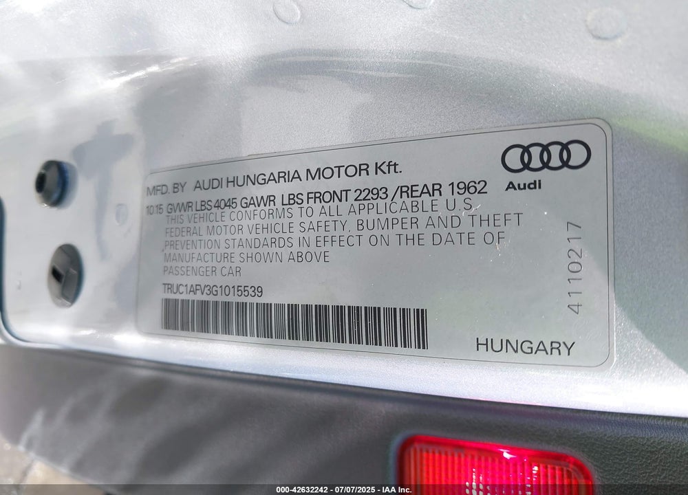 2016 AUDI TTS VIN: TRUC1AFV3G1015539