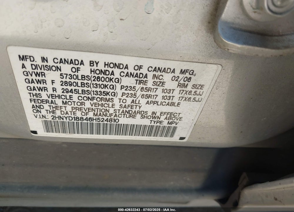 2006 ACURA MDX VIN: 2HNYD18846H524810