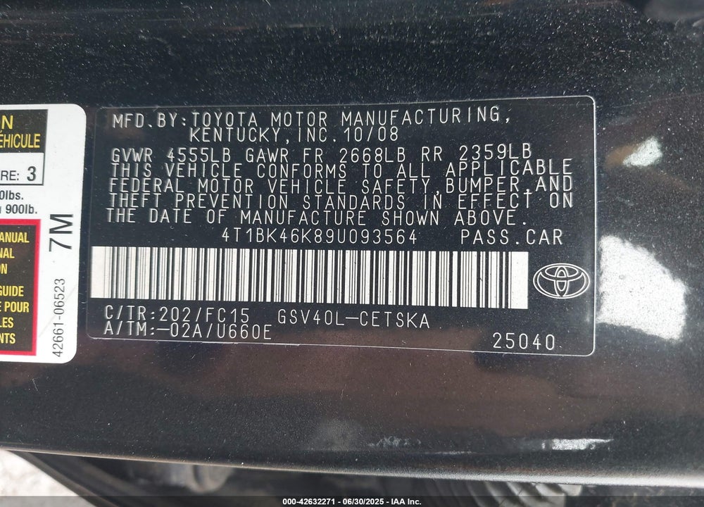 2009 TOYOTA CAMRY SE V6 VIN: 4T1BK46K89U093564