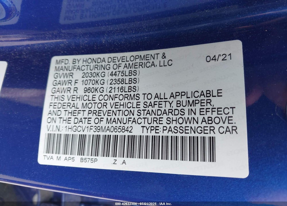 2021 HONDA ACCORD VIN: 1HGCV1F39MA065842