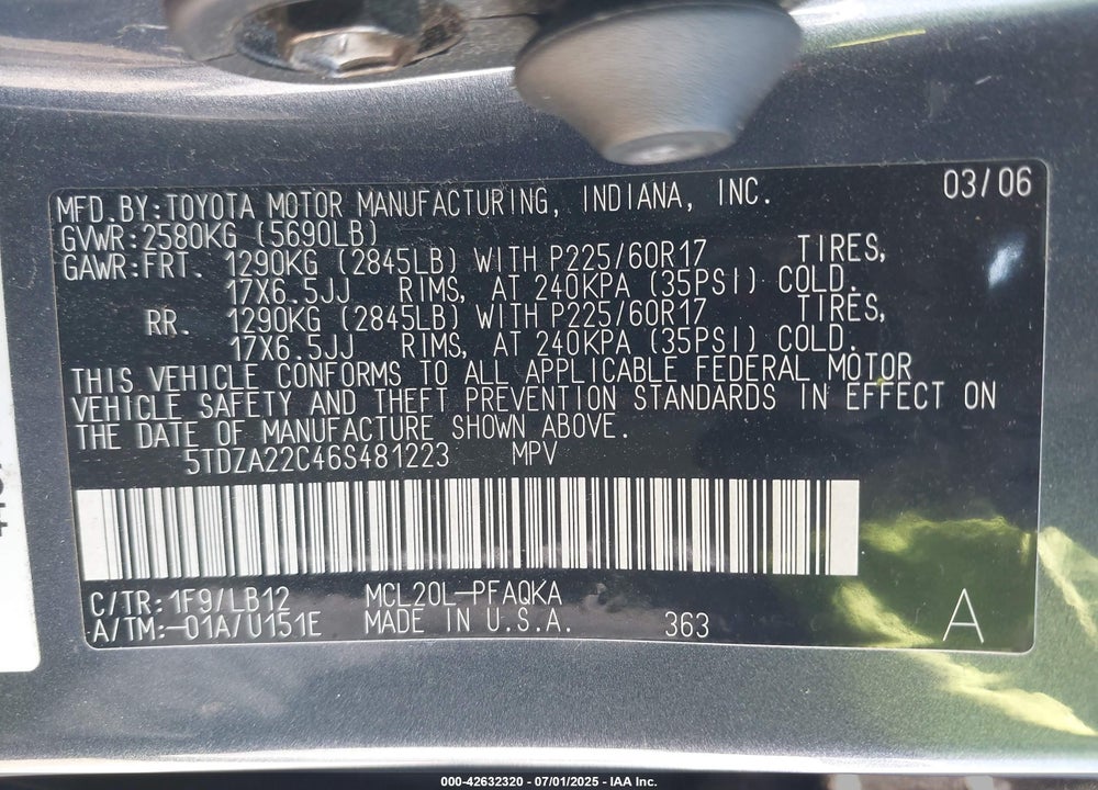 2006 TOYOTA SIENNA XLE LIMITED VIN: 5TDZA22C46S481223