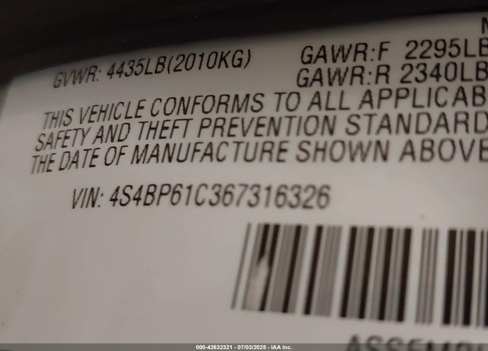 2006 SUBARU OUTBACK 2.5I VIN: 4S4BP61C367316326