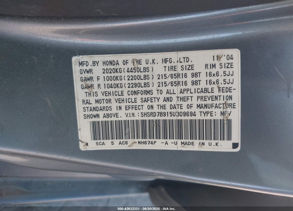 2005 HONDA CR-V SE VIN: SHSRD78915U309694