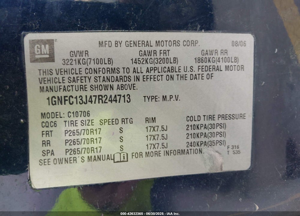 2007 CHEVROLET TAHOE LT VIN: 1GNFC13J47R244713