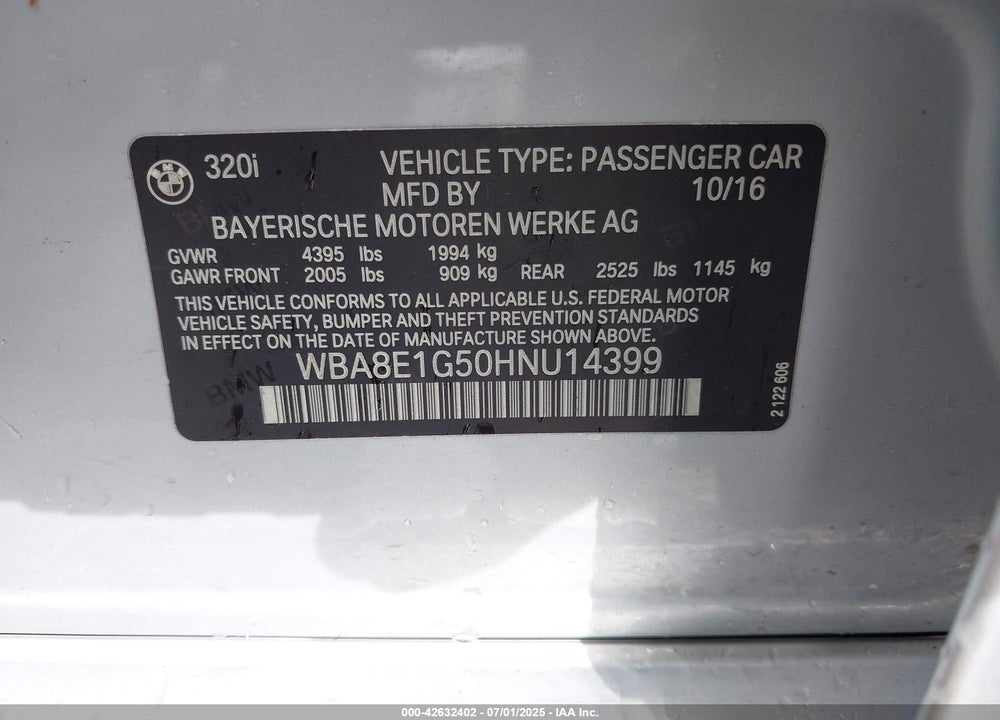 2017 BMW 3 SERIES VIN: WBA8E1G50HNU14399