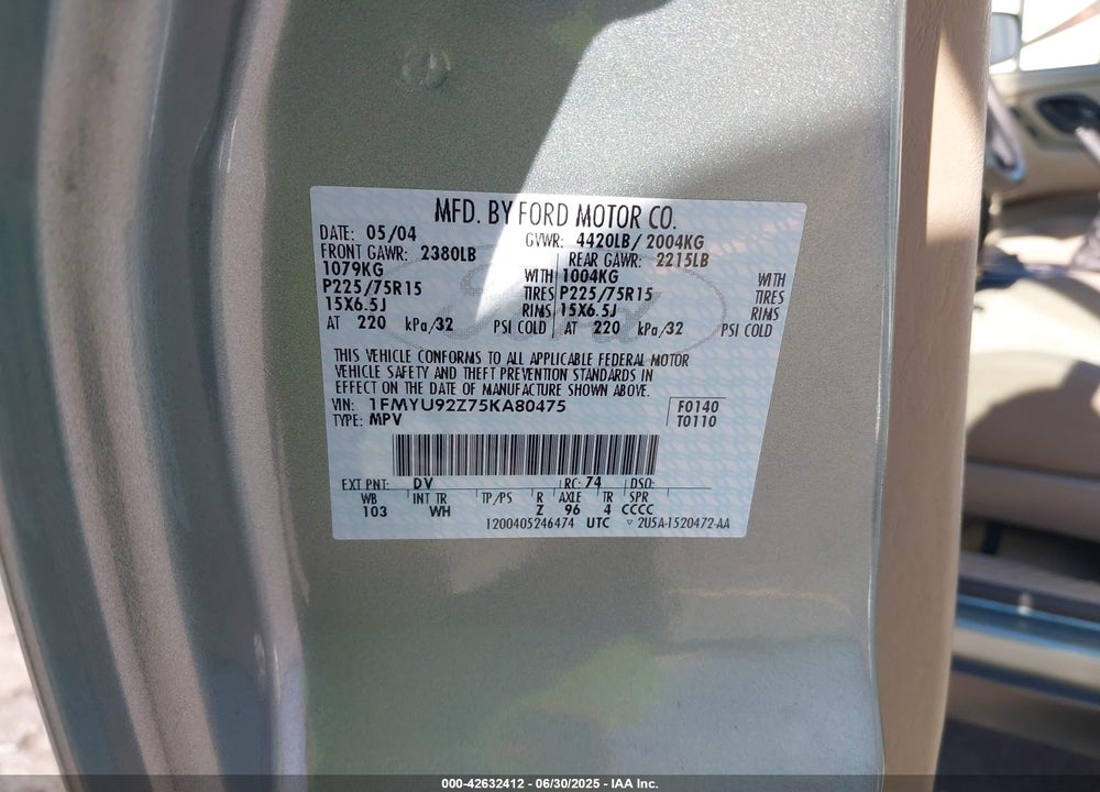 2005 FORD ESCAPE XLS VIN: 1FMYU92Z75KA80475