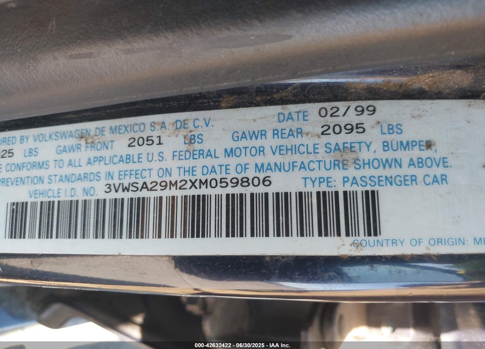 1999 VOLKSWAGEN JETTA GLS VIN: 3VWSA29M2XM059806