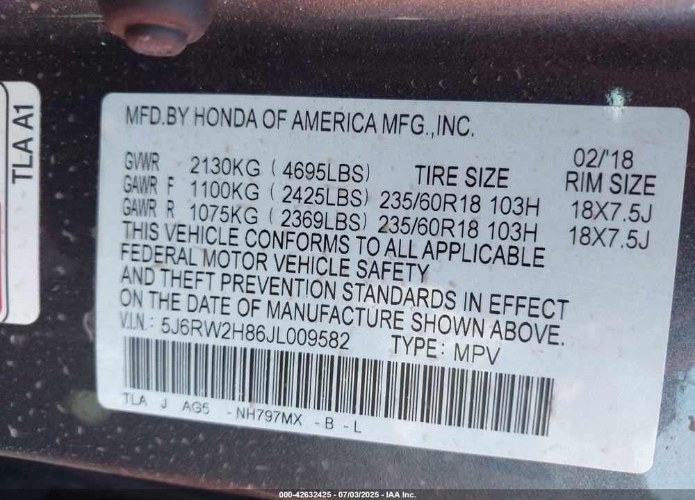 2018 HONDA CR-V VIN: 5J6RW2H86JL009582