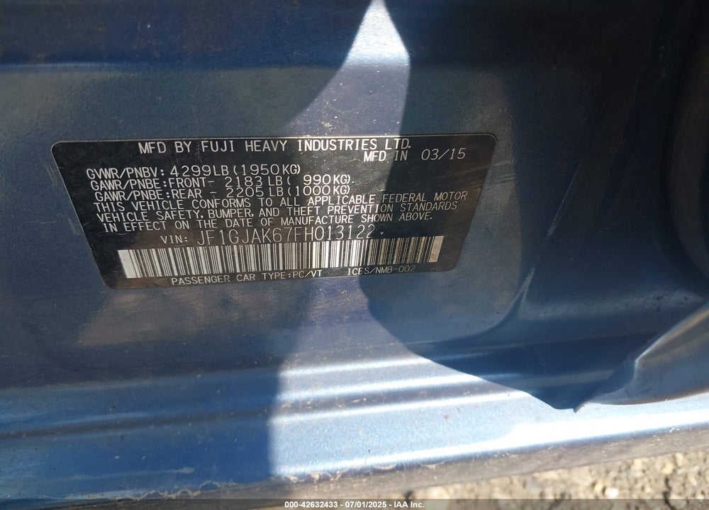 2015 SUBARU IMPREZA 2.0I PREMIUM VIN: JF1GJAK67FH013122