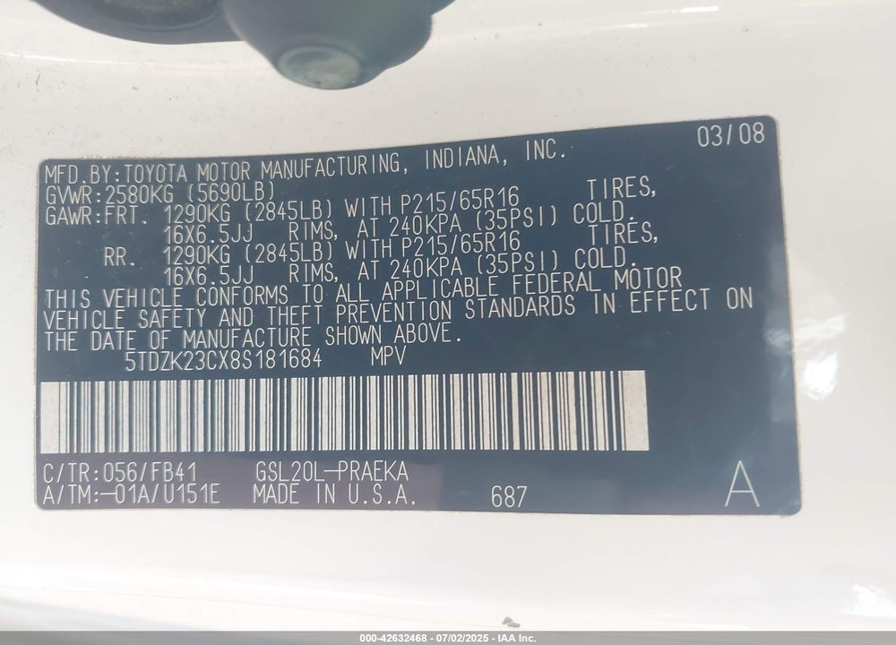 2008 TOYOTA SIENNA VIN: 5TDZK23CX8S181684
