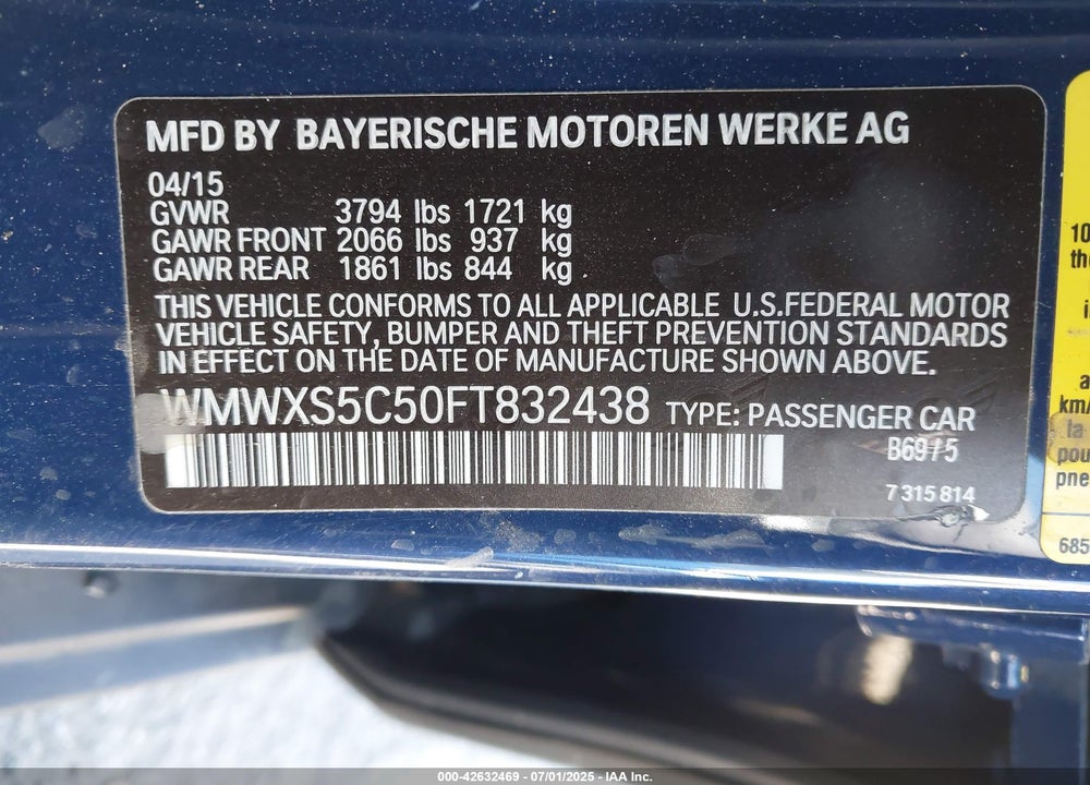 2015 MINI COOPER VIN: WMWXS5C50FT832438