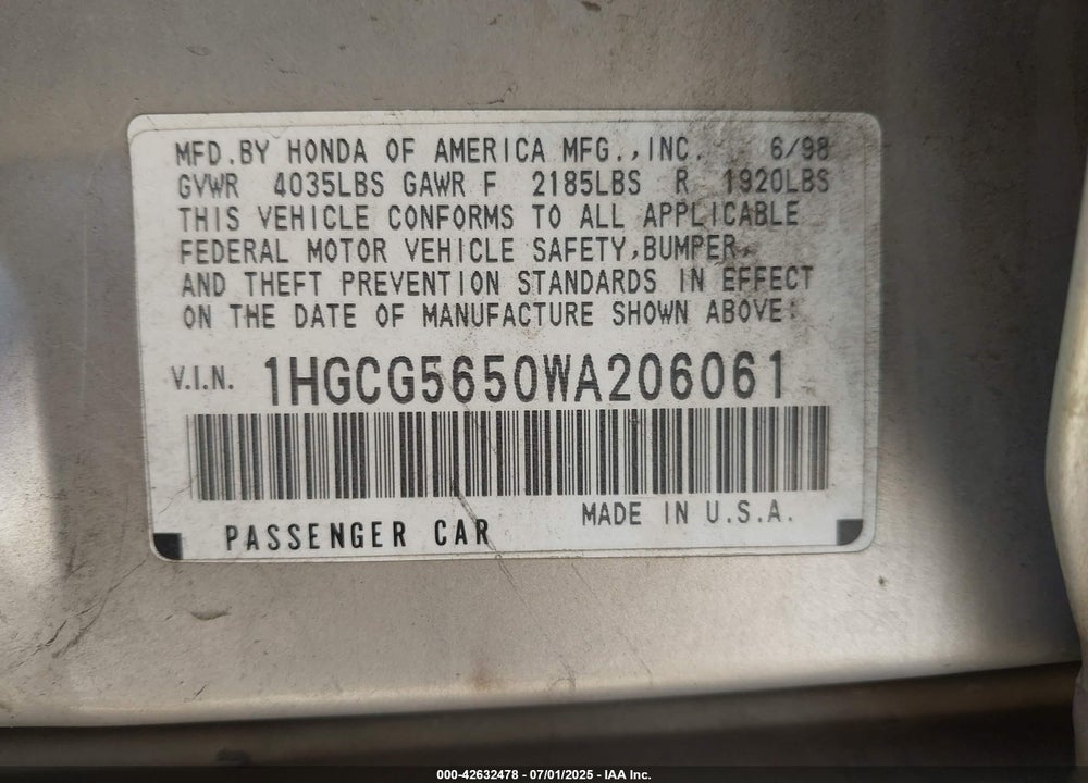 1998 HONDA ACCORD EX VIN: 1HGCG5650WA206061