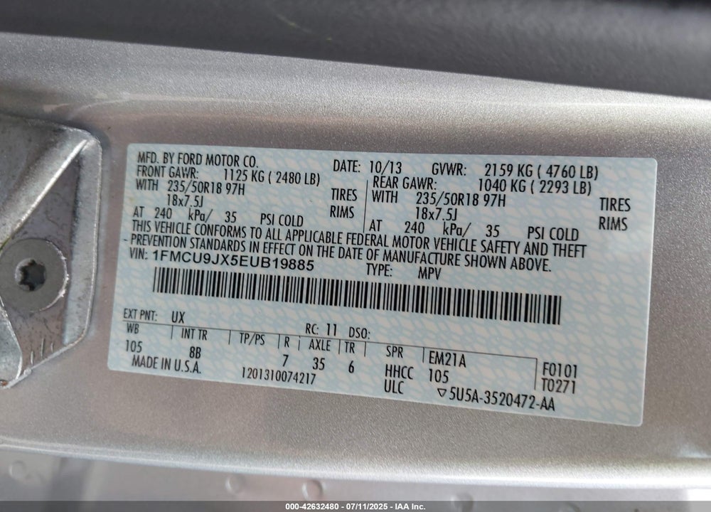 2014 FORD ESCAPE VIN: 1FMCU9JX5EUB19885