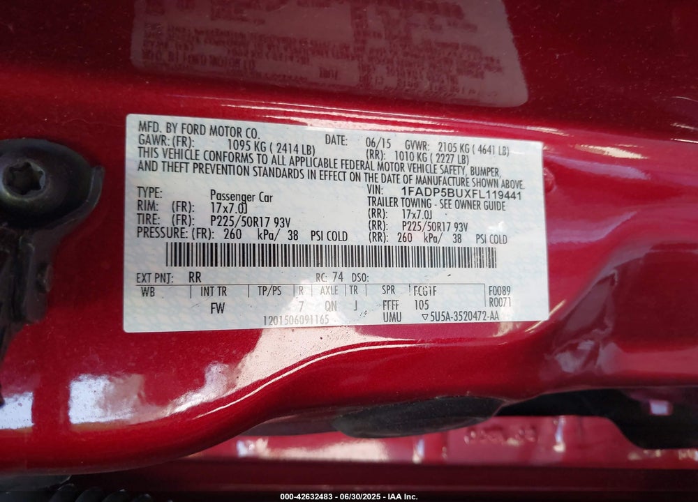 2015 FORD C-MAX HYBRID VIN: 1FADP5BUXFL119441
