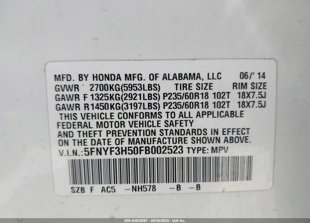 2015 HONDA PILOT EX-L VIN: 5FNYF3H50FB002523