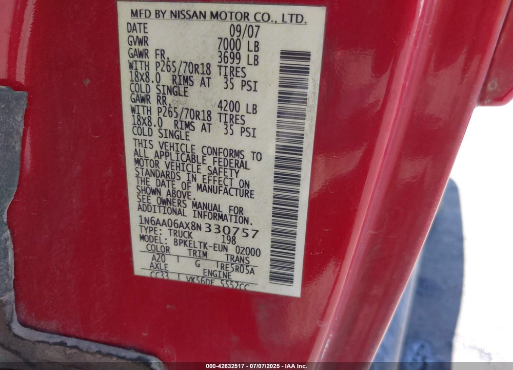 2008 NISSAN TITAN VIN: 1N6AA06AX8N330757