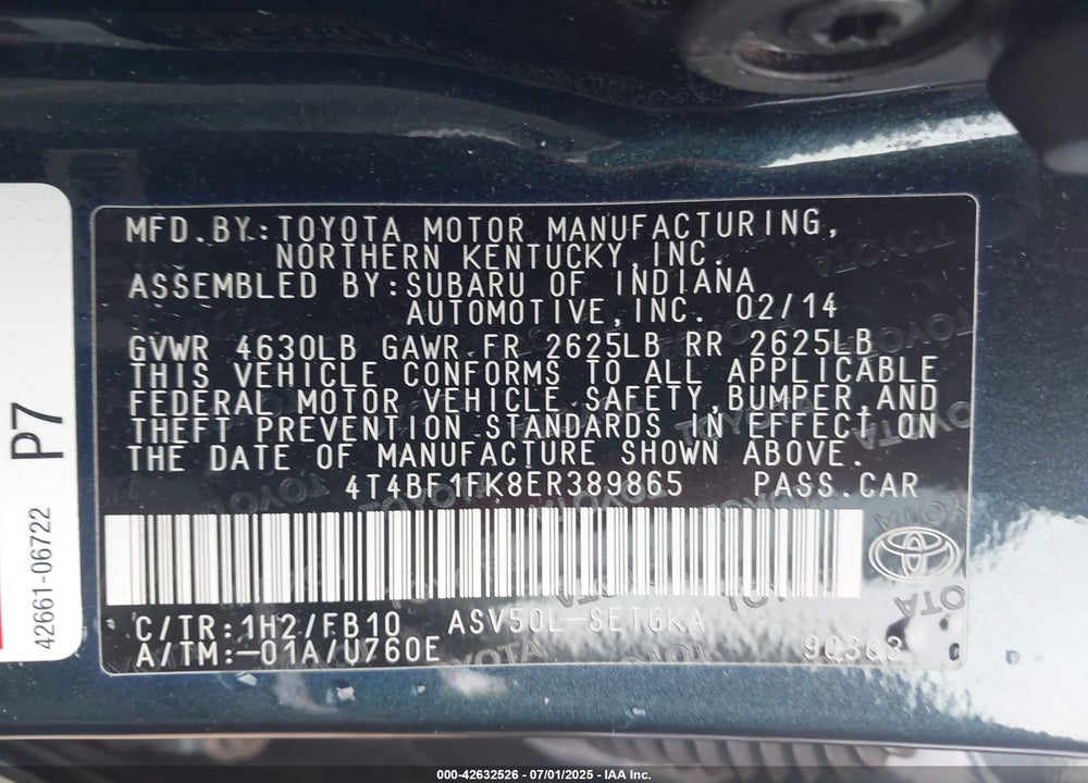 2014 TOYOTA CAMRY VIN: 4T4BF1FK8ER389865