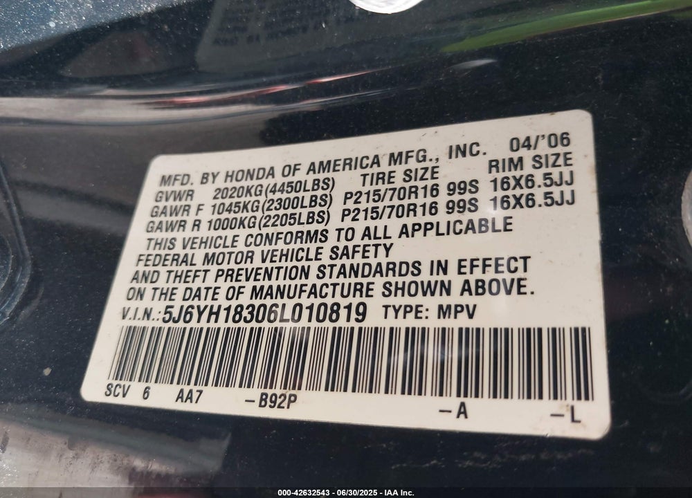 2006 HONDA ELEMENT VIN: 5J6YH18306L010819