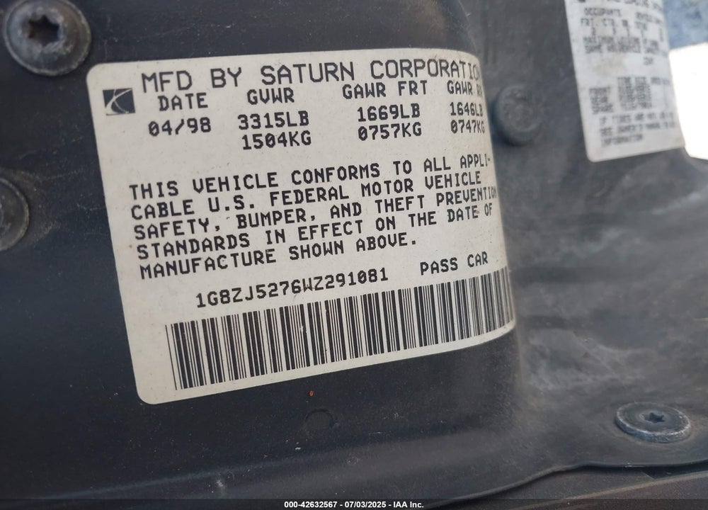 1998 SATURN SL2 VIN: 1G8ZJ5276WZ291081