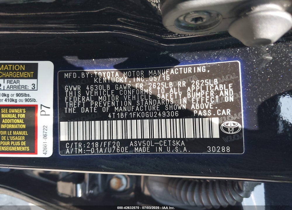 2016 TOYOTA CAMRY VIN: 4T1BF1FK0GU249306
