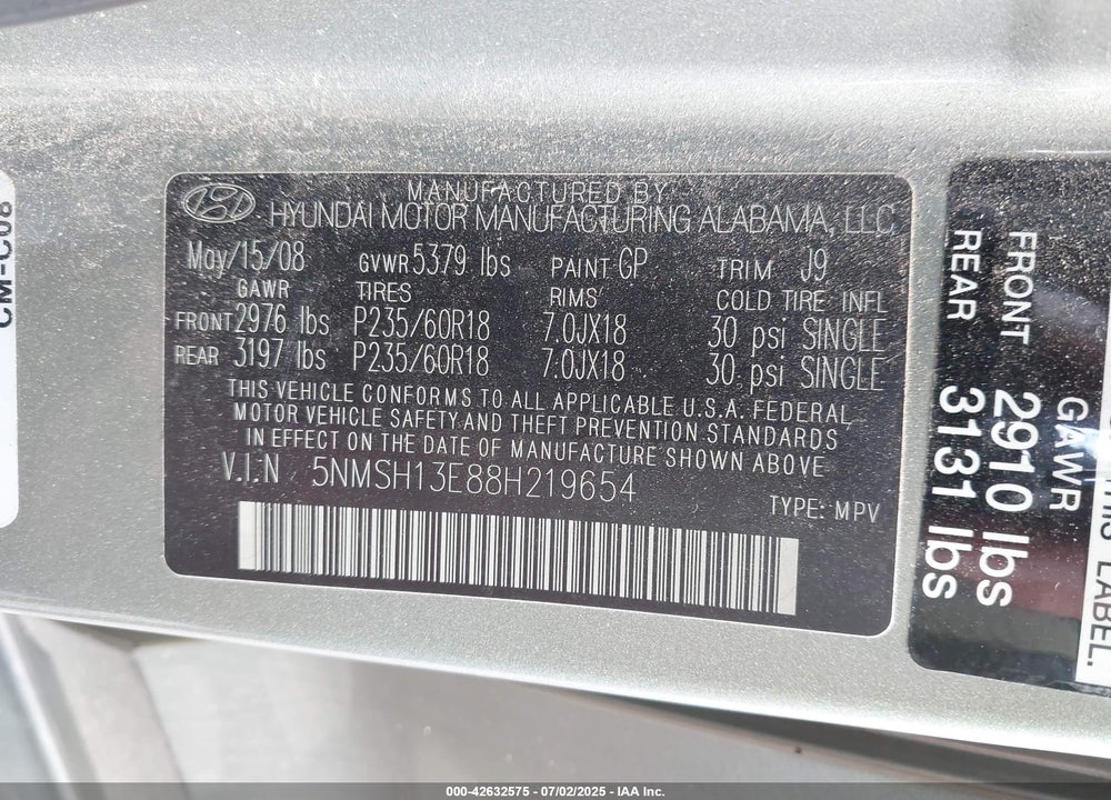 2008 HYUNDAI SANTA FE VIN: 5NMSH13E88H219654