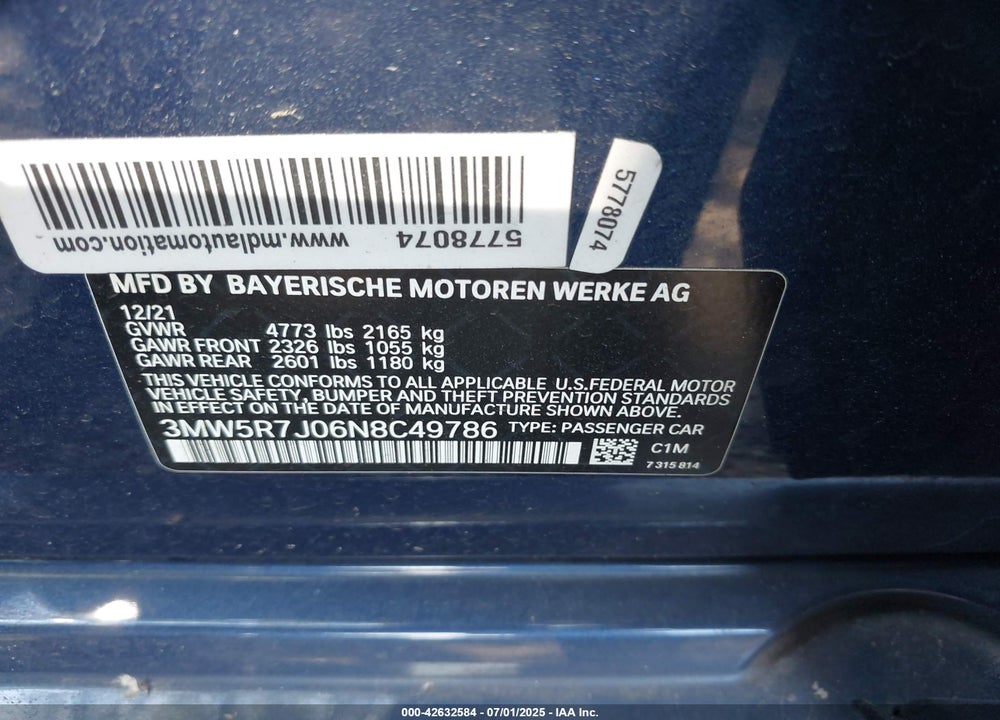2022 BMW 3 SERIES VIN: 3MW5R7J06N8C49786